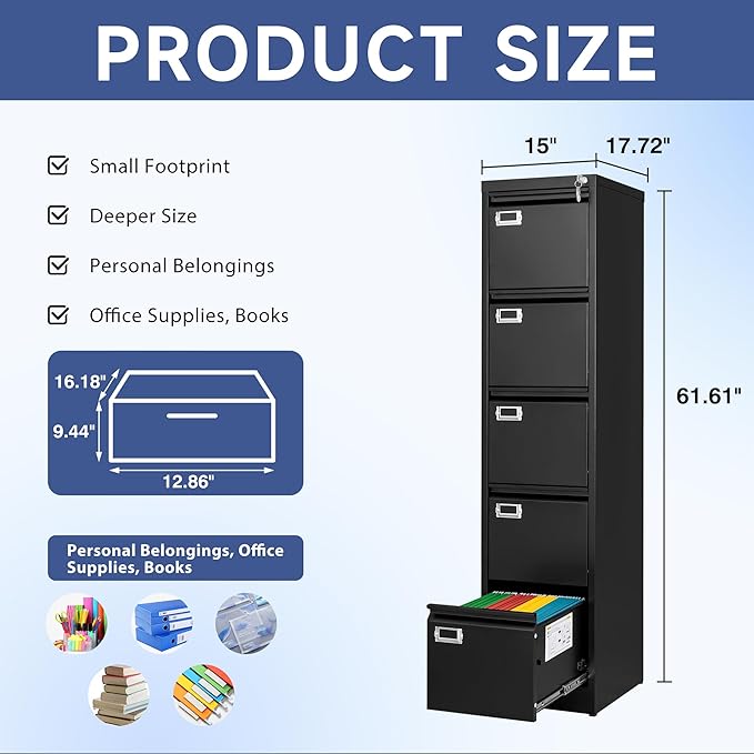 5 Drawer File Cabinet, Filing Cabinets for Home Office, Vertical File Cabinet with Lock, 61.6" H Locking File Cabinet for A4 Legal/Letter, Assembly Required (Black)-DeskLoop Office