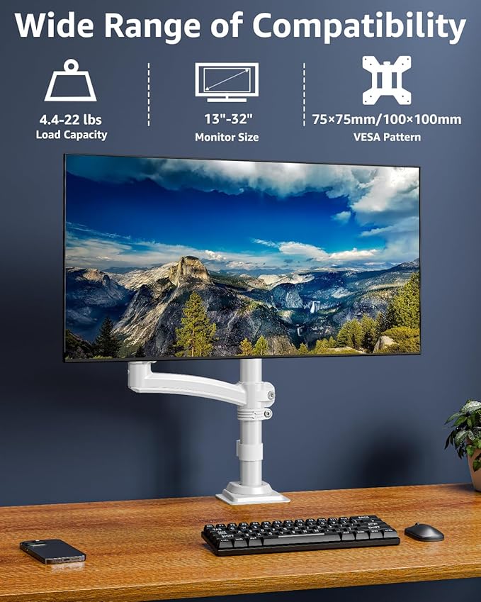 Single Monitor Arm Holds 4.4-22lbs, Monitor Stand for Desk, Height Adjustable Monitors Mount for 32 27 24 22inch, Full-Motion Monitors Desk Mount with C-Clamp＆Grommet Base, Freelift White-DeskLoop Office