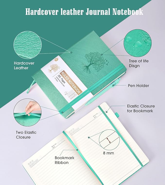 Lined Journal Notebook, 365 Pages B5 Large Journals for Writing Ruled Notebook, Hardcover Leather Journal for Women Men, Daily Notebook for Work, Note Taking, 100Gsm Thick Paper(7.6'' X 10'' Teal)-DeskLoop Office