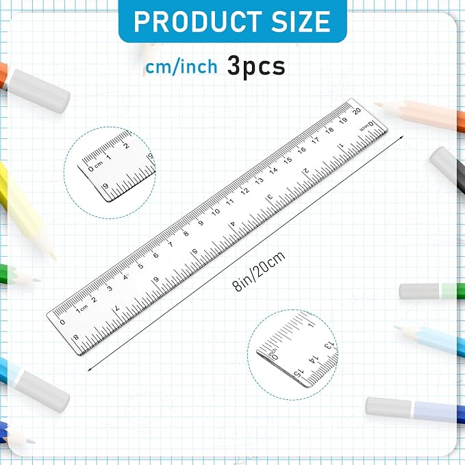 3 Pack 8 Inch Ruler Set Plastic Straight Ruler Transparent Measuring Tool - Image 2