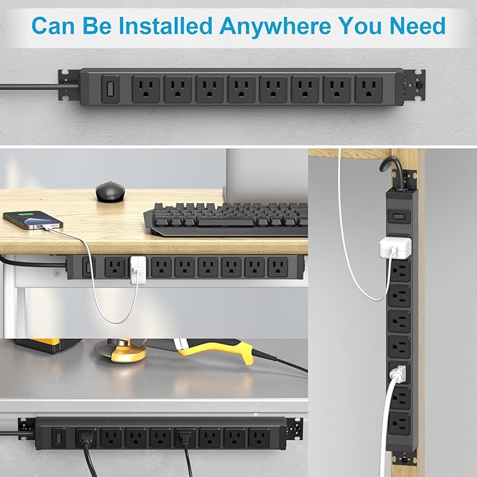 HHSOET Metal 360° Rotating Mountable Power Strip, 8 Outlet Gaming Table Mounted Outlet Strip, Heavy Duty Wall Mount Surge Protector with Switch, 15A 125V 1875W, 6ft Power Cord.(Black)-DeskLoop Office