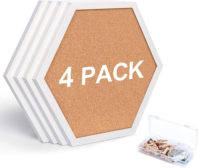 Cork Bulletin Board Hexagon White, Small Framed Corkboard Tiles by SVOPY
