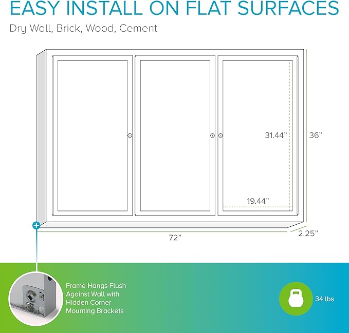 Ghent 36" x 72" 3-Door Indoor Enclosed Bulletin Board with Lock, Cork Material, Shatter Resistant Acrylic Panels, Made in the USA, Satin Aluminum Frame-DeskLoop Office