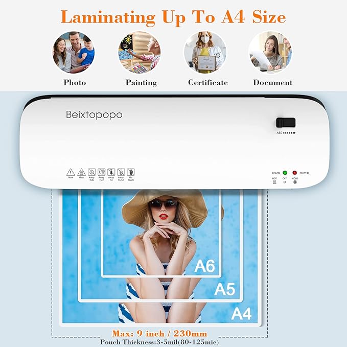 Laminator Machine, 9 Inch Thermal Laminater, Beixtopopo A4/A5/A6 Personal Laminator Machine with Laminating Sheets, 6 in 1 Heating Laminate Machine for Home School Office, Silent-DeskLoop Office