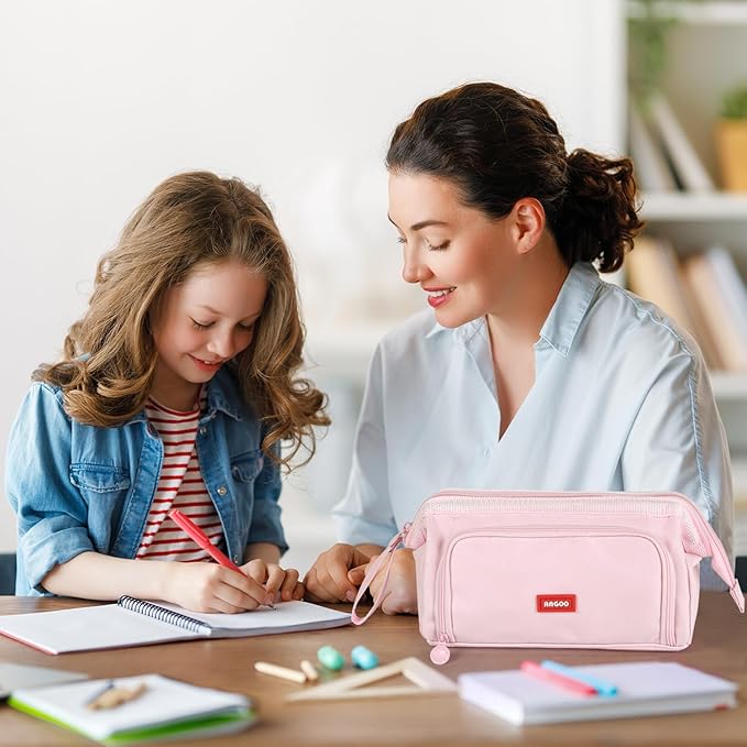 MAMUNU Pencil Case Pouch Large Capacity with Compartments, Pencil Case Pouch Bag with Zipper Handle for Teen Girls Adults Women, Portable Pen Bag Stationery Organizer for Office School Travel, Pink-DeskLoop Office