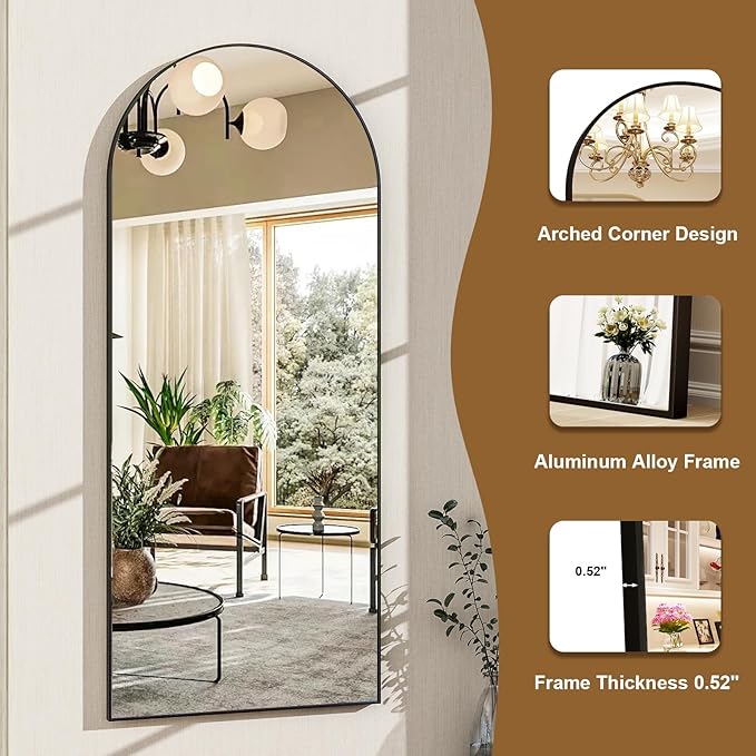 HARRITPURE Arched Full Length Mirror - 64"x21" Free Standing Leaning Mirror Hanging Mounted Aluminum Frame Modern Home Decor for Living Room, Bedroom, Cloakroom, Black-DeskLoop Office