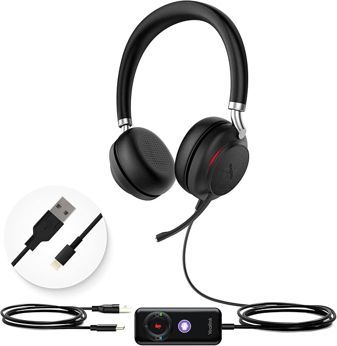 Yealink UH38 Bluetooth USB Wired Headset, Work Headset with Noise Cancelling Microphone, Teams Certified, Comfort Fit, Dual Connect for PC Computer & Mobile Devices, Dual Busylight-DeskLoop Office