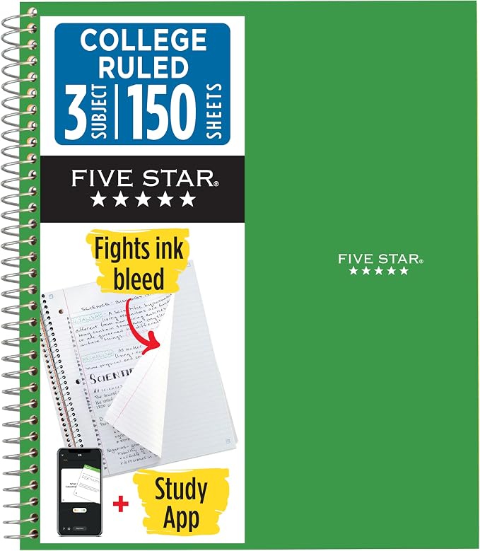 Five Star Spiral Notebook + Study App, 3 Subject, College Ruled Paper, Fights by FiveStar