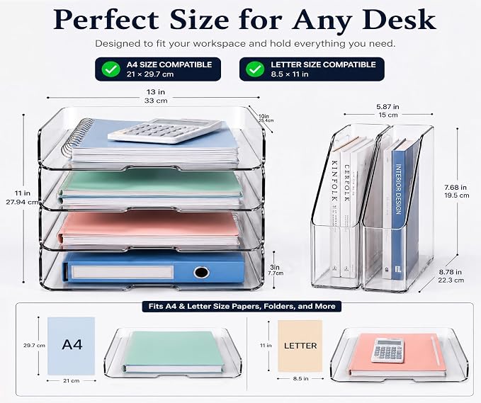 DCA Clear Acrylic Desk Organizer Set, 4 Tier Letter Tray - Image 3
