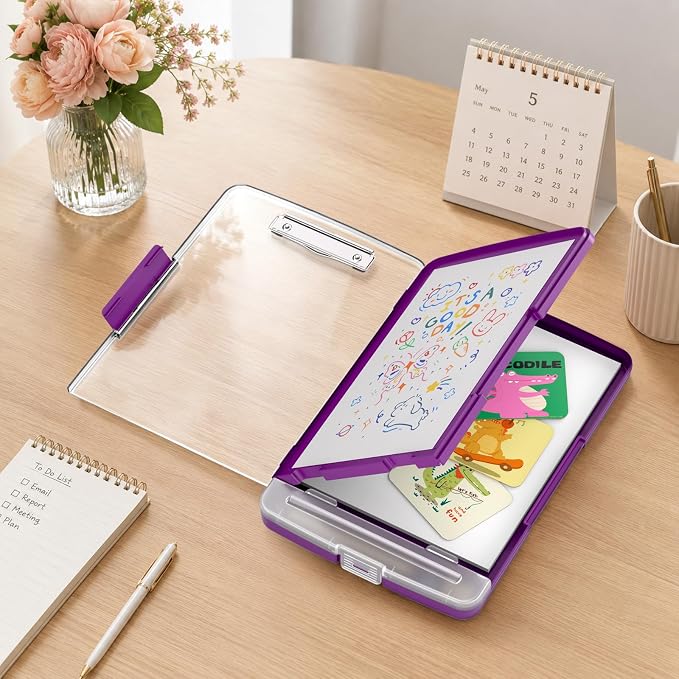 Clipboard with Storage and Pen Holder, Deep Purple 8.5 x 11'' Folder Side Open - Image 7