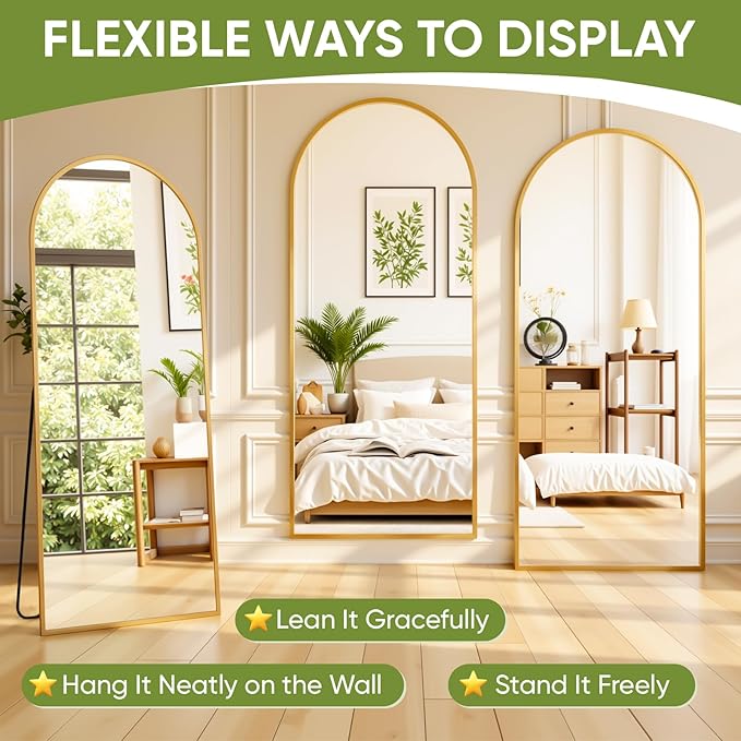 Full-Length Floor Mirror with Stand, 71"x32" Arched Style Full Body Standing Mirror for Bedroom, Living Room, Gym, Dorm - Shatter-Resistant & Easy Assembly, Gold-DeskLoop Office