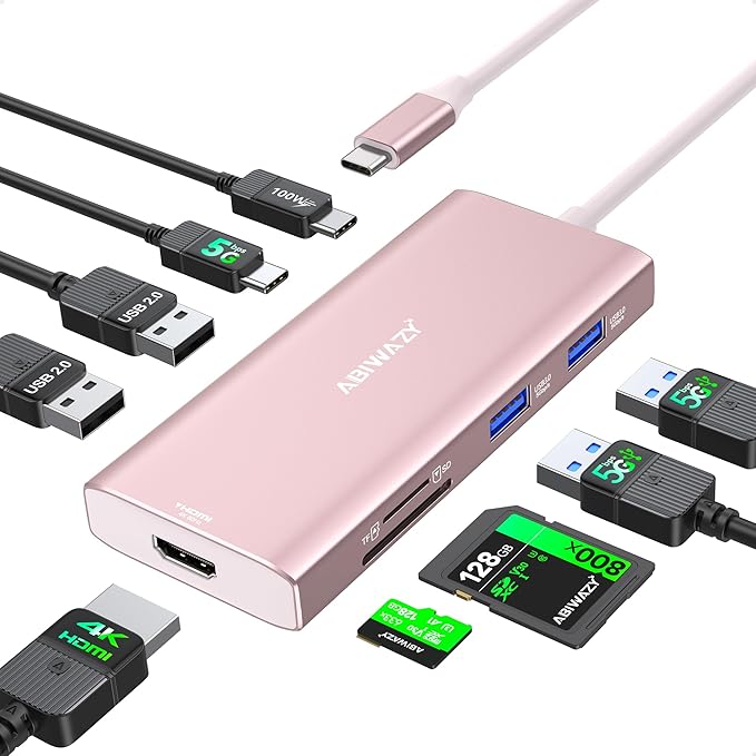 USB C Hub HDMI USB Adapter, 9 in 1 Dock with HDMI 4K@60Hz, SD/TF Card Reader, USB C Port,100W PD and 4 USB Ports (Pink)-DeskLoop Office