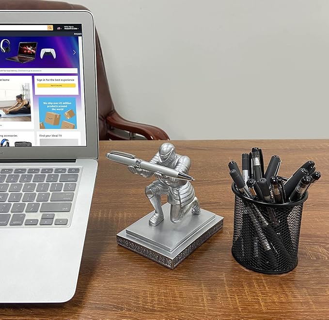Executive Knight Pen Holder with A Cool Pen, Home Office Desk Organizers Decor Resin Pen Holder, Christmas Gift Idea for Dad, Uncle, Man, Boyfriend, Friends Silver-DeskLoop Office
