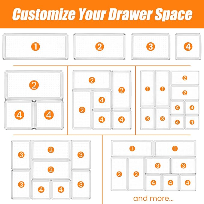 12 Pack Clear Plastic Drawer Organizer Set, Acrylic Non Slip Non Cracking Kitchen Drawer Storage Tray Large Size Divider, Multifunctional Storage for Cosmetics, Bathroom, Tools, Kitchen and Office-DeskLoop Office