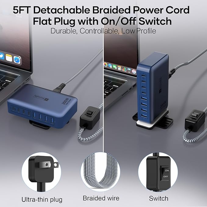 8-Port iPhone Charger Fast Charging 200W with Flat Plug, Braided Power Cord, and On/Off Switch- USB Charging Hub for iPhone, iPad, MacBook and More- 65W C Port Power Adapter for Laptops-DeskLoop Office