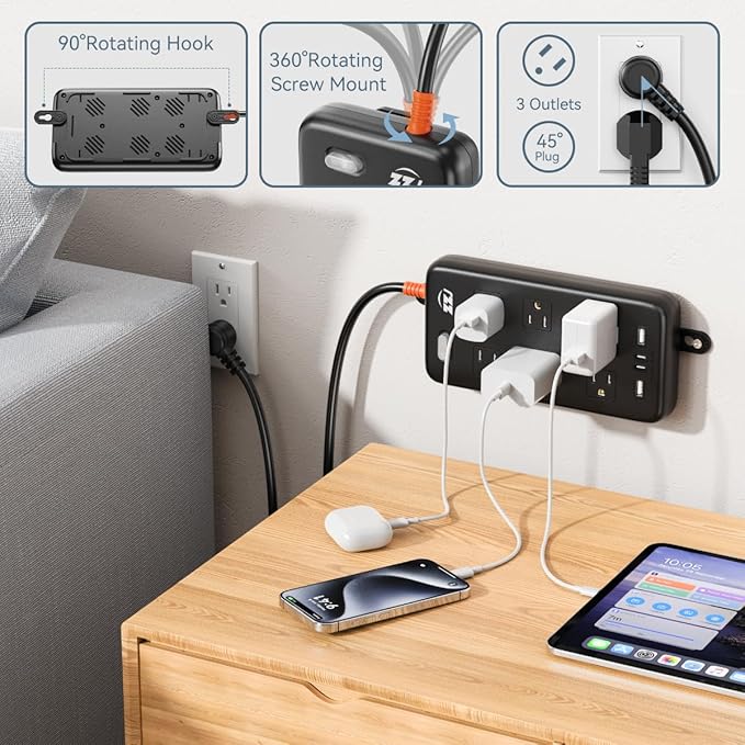 Power Strip Weatherproof, 10-in-1 Surge Protector with 6 Wide Outlets 2USB A and 2USB C,1875W/15A, 6FT Flat Plug Multi-Plug Outdoor Extension Cord for Indoor Outdoor, UL FCC Listed-DeskLoop Office