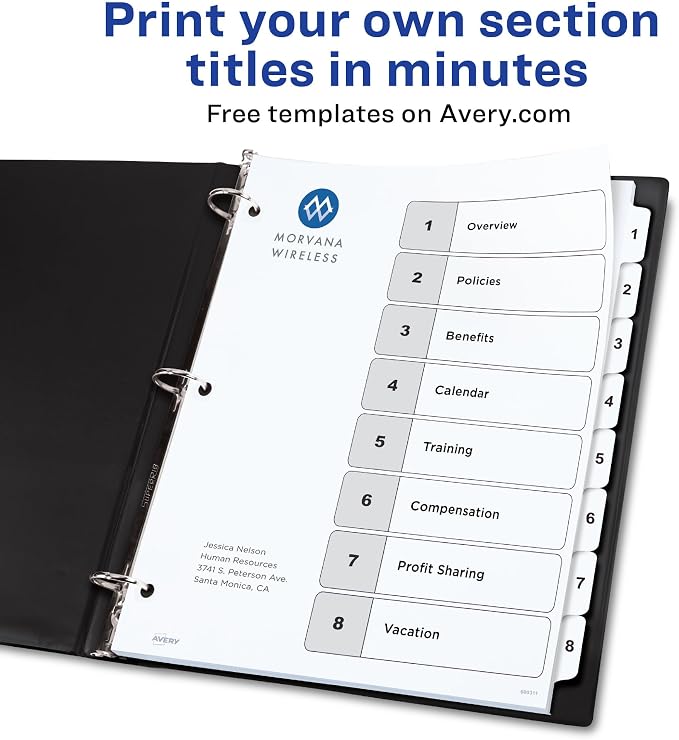 Avery 8 Tab Dividers for 3 Ring Binders, Customizable Table of Contents - Image 2