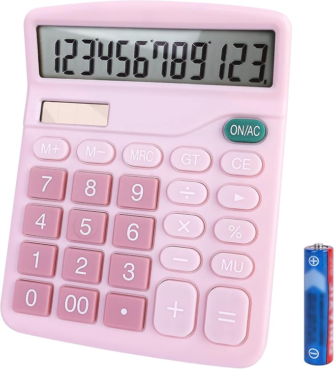 Basic Calculator with Comfortable Large LCD Display, 12 Digits Calculators Desktop, Tilt Screen, Big Button, Desk Calculator with Dual Power (Solar & Battery Included) (Pink)-DeskLoop Office