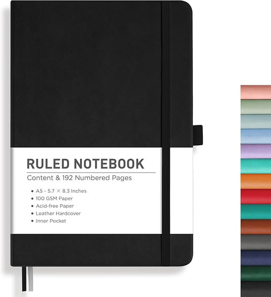 RETTACY Lined Journal Notebook, 192 Numbered Pages, A5 Medium Size (5.7'' x 8.3''), for Men & Women, Journaling, Writing, Work & Office, Leather Hardcover, 100 GSM Thick Paper (Black)-DeskLoop Office