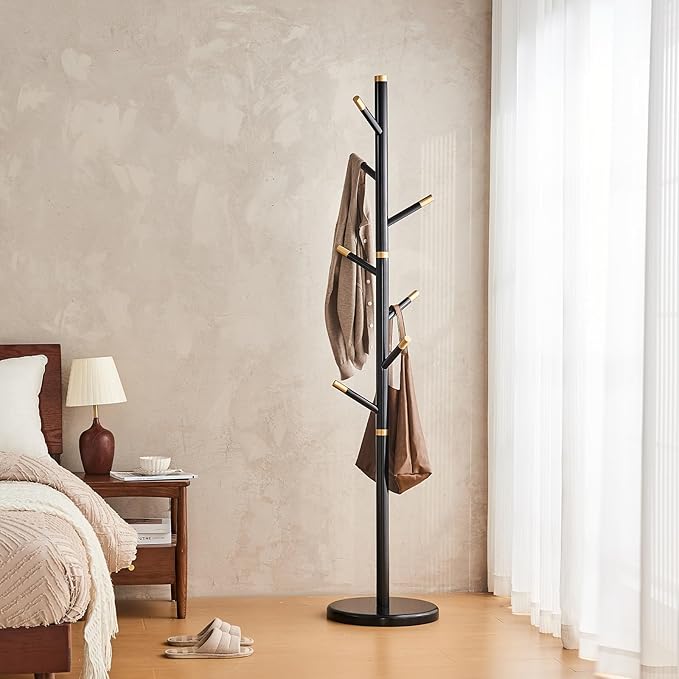 Uniclinens Coat Rack Freestanding Solid Wood Coat Tree Standing with 7 Hooks, Coat Rack Stand Creative Tree Branch-look (Black)-DeskLoop Office
