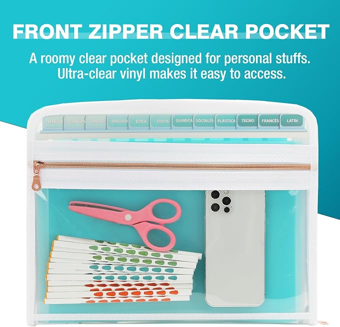 H4D Accordion File Organizer, 13 Pocket Expanding File Folder, Teal | Zippered - Image 3