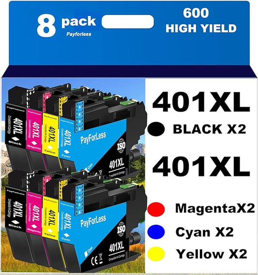 PFL LC401XL Ink Cartridges for Brother Printer Compatible LC401 Ink Cartridges for MFC-J1010DW MFC-J1012DW MFC-J1170DW Printer 8 Pack (2 Black, 2 Cyan, 2 Magenta, 2 Yellow) Not Original Ink Cartridge-DeskLoop Office