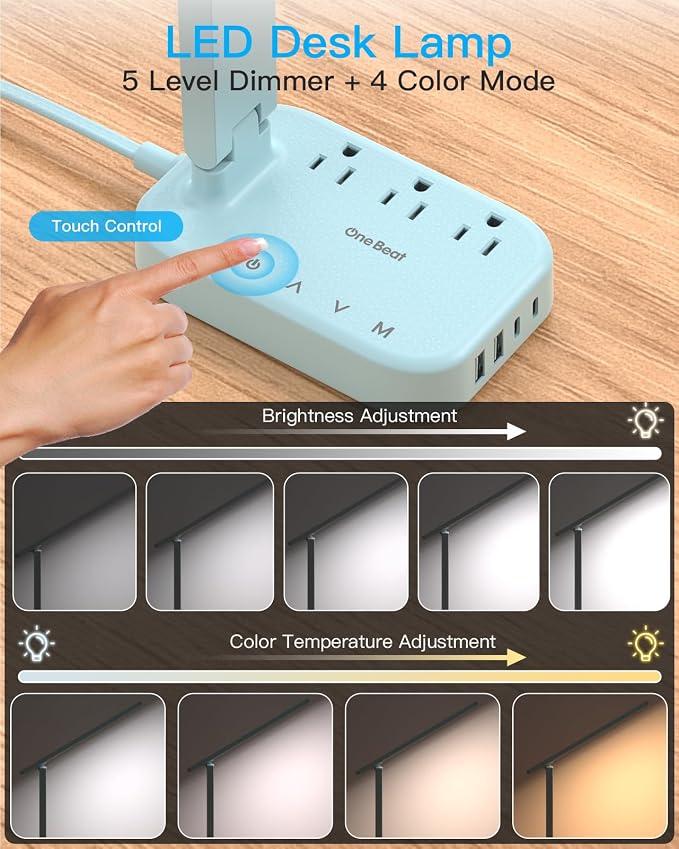 One Beat LED Small Desk Lamp Power Strip 5ft Extension Cord, 3 Outlets - Image 3