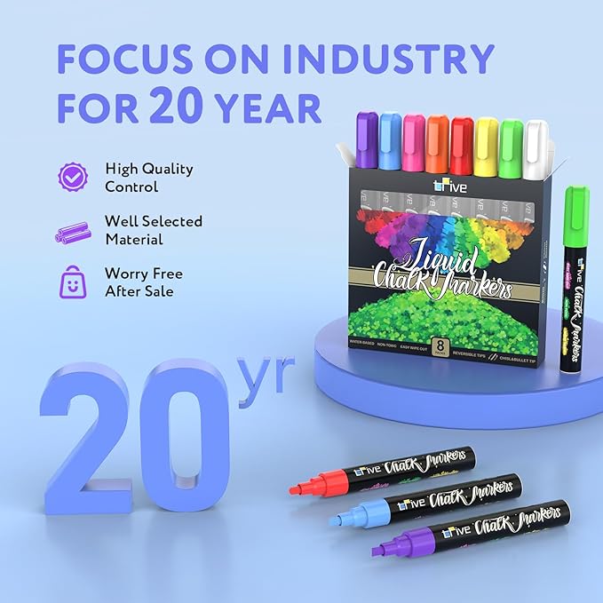 TFIVE Chalk Markers - 8 Color Chalk Pens and 24 Labels - Dry & Wet Erase, Reversible Tip, for Chalkboards, Signs, Windows, Blackboard, Glass, Mirrors, Liquid Chalk-DeskLoop Office