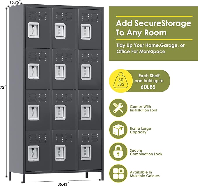 Metal Lockers for Employees with 12 Door and 12 Hooks,Metal Storage Locker with Lock for School Office Gym Bedroom,Assembly Required,Dark Grey-DeskLoop Office