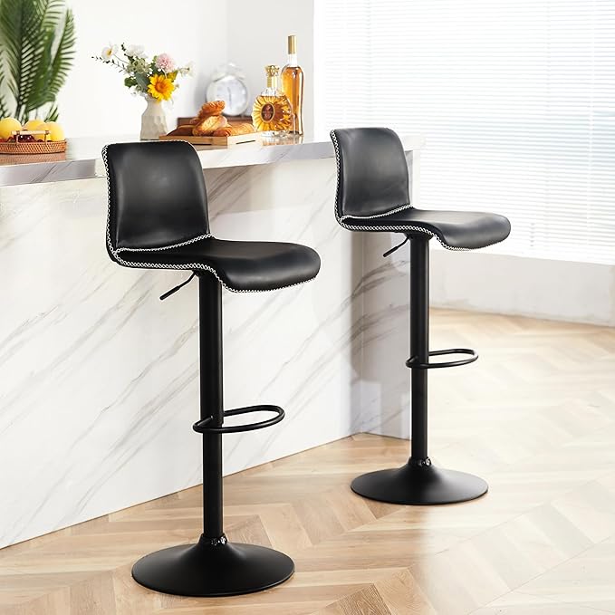 HeuGah Bar Stools Set of 3, Swivel Counter Height Barstools with Back, Adjustable Height 24" to 32", Black Faux Leather Bar Chairs for Kitchen Island (Black, Set of 3 (24'' to 32''))-DeskLoop Office
