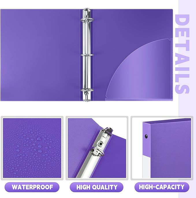 Henoyso 16 Pcs 3 Ring Binder 1/2'' Round Fits Letter Size 8. 5'' x 11'' Paper Plastic Flexible Binder Holds 100 Sheets with 1 Pockets Versatile Organizer for Office Home School (Purple)-DeskLoop Office