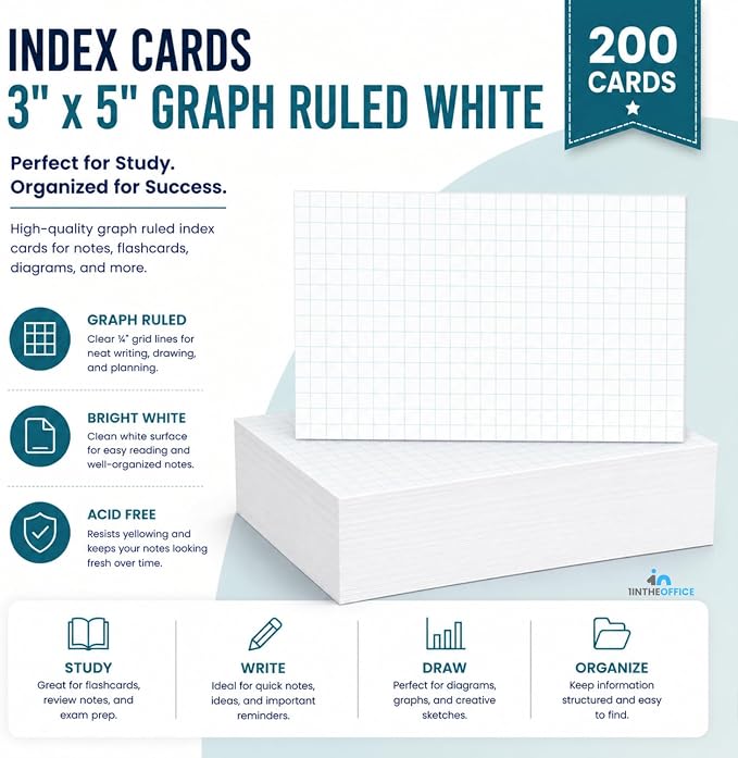 1InTheOffice Index Cards 3x5 Graph Ruled White, Grid Index Cards 200/Pack - Image 2