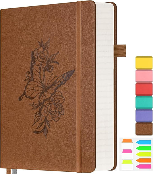 Lined Notebook Journal for Women, 312 Numbered Pages A5 Thick Leather Journal, 100gsm Paper Daily Journal for Work Travel, Hardcover College Ruled Notebook, Giftable Butterfly Floral Notebook, Brown-DeskLoop Office