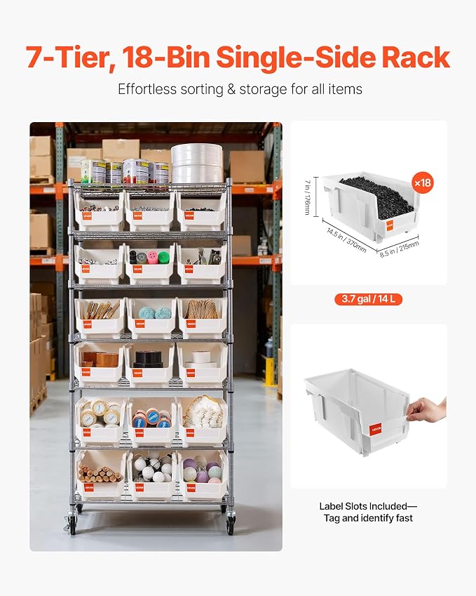 VEVOR 7-Tier Rolling Bin Storage Rack, 18 Organizer Bins, Bin Rack Storage - Image 4