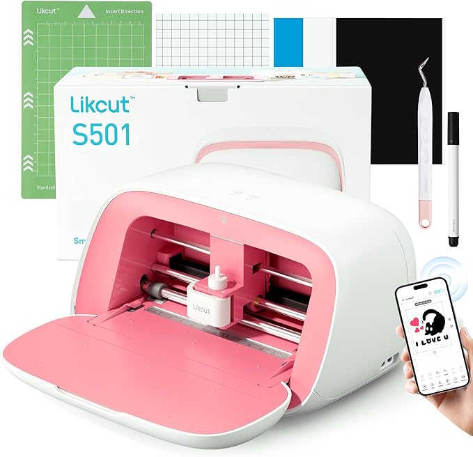 Likcut Vinyl Cutter Machine, Upgrade Cutting Machine Glee S501 for DIY Joy, Portable Smart Cutting Tool for Crafter, Sticker Decal Maker Printing for Family & School Fun Projects and Decorations, Pink-DeskLoop Office