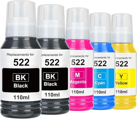 522 High Capacity Ink Refill Bottles Combo Pack Remanufactured for Epson 522 EcoTank Ink Works with EcoTank ET-2400, ET-2720, ET-2800, ET-2803, ET-2840 (5 Pack,550ML, Not Sublimation Ink)-DeskLoop Office