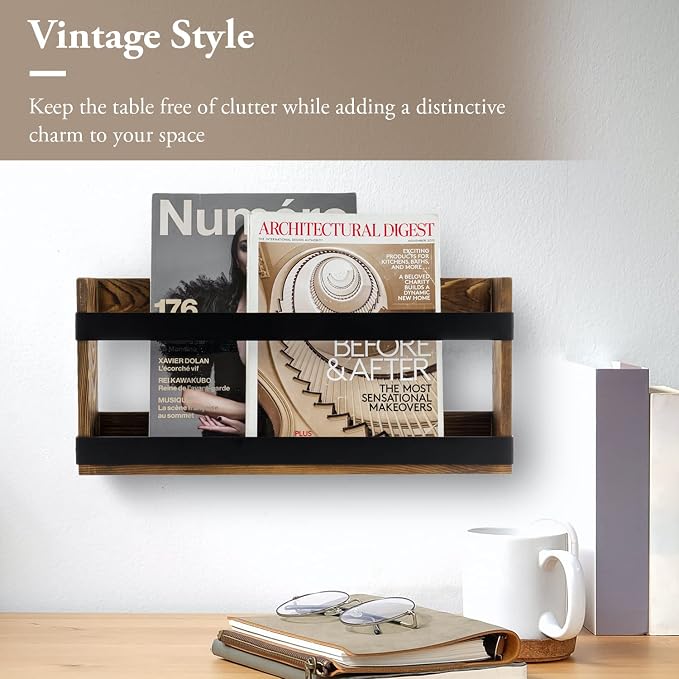 MyGift Rustic Burnt Solid Wood and Industrial Matte Black Metal Magazine - Image 2