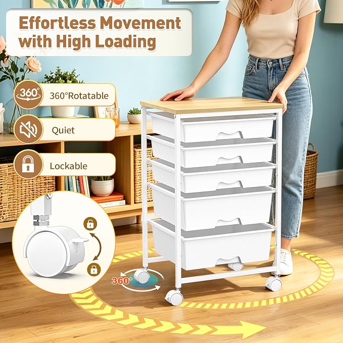 SUNALLY Rolling Carts With 5 Drawers, Storage Drawer Carts with Wooden Tabletop - Image 6
