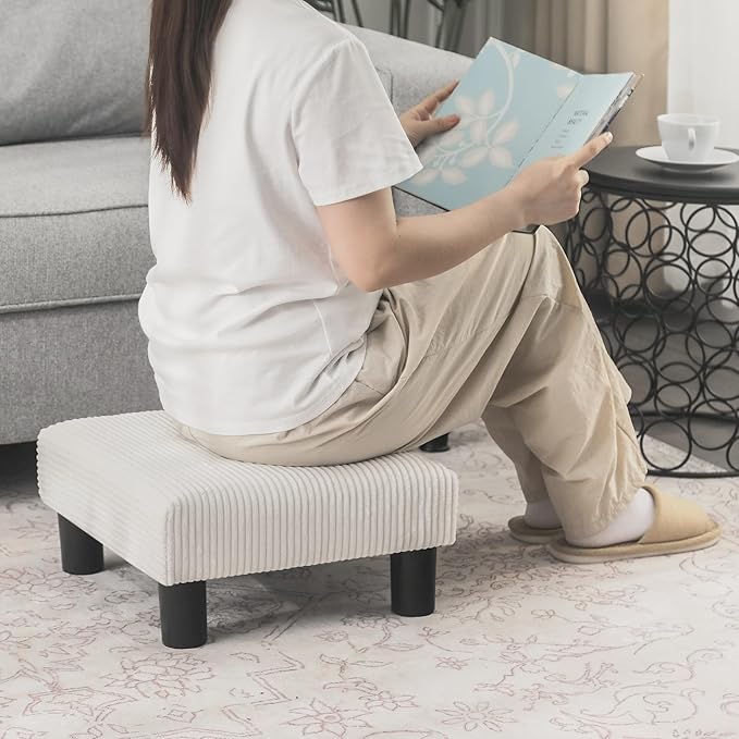 Joveco Small Foot Stool Ottoman, Corduroy Square Footstool Upholstered Footrest Foot Rest for Chair, Under Desk, Office, Living Room, Thick Stripes White-DeskLoop Office