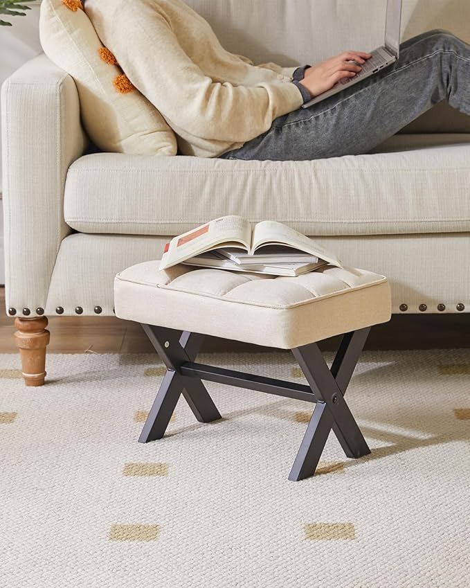 IBUYKE Small 12" H Footrest Stool, Square Linen Foot Stool with Metal X-Leg, Multi-Use as Small Side Table, Step Stool for Living Room, Bedroom, Entryway, Office, Linen WBD011Y-DeskLoop Office