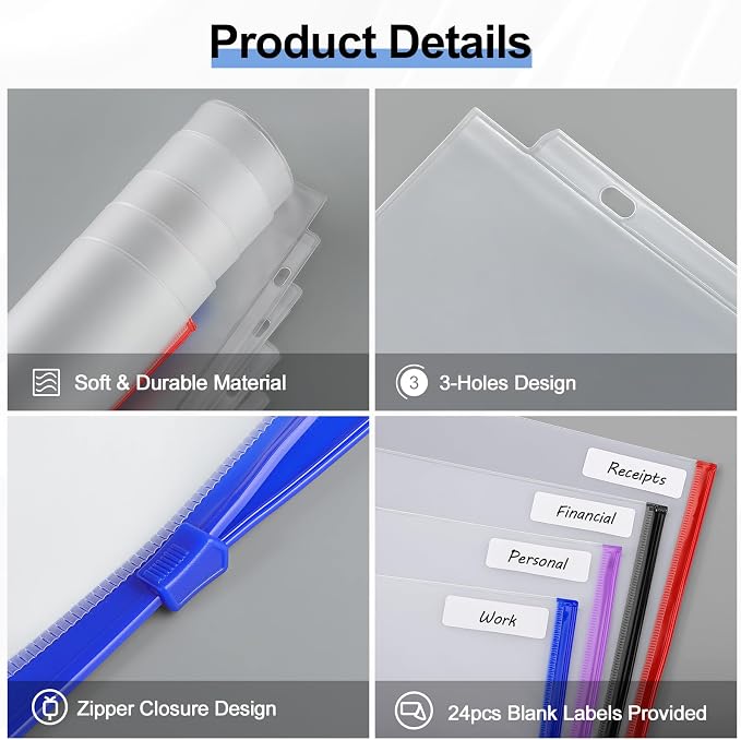 KTRIO 24 Pack Binder Pockets, 8.5 x 11 Colored Zipper Pouches - Image 3