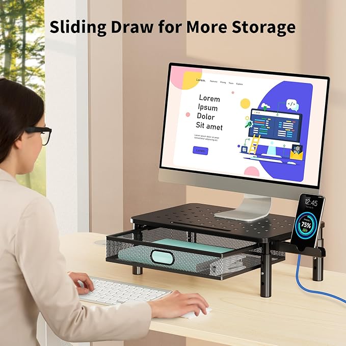 Zimilar Monitor Stand Riser with Metal Mesh Drawer, Height Adjustable with Phone Holder for Computer, Laptop, Printer, Notebook, Computer Monitor Stand with Storage-DeskLoop Office