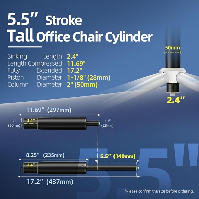 9 Inches to 15 Inches Short Office Chair Cylinder Replacement, 5.5" Stroke - Image 2