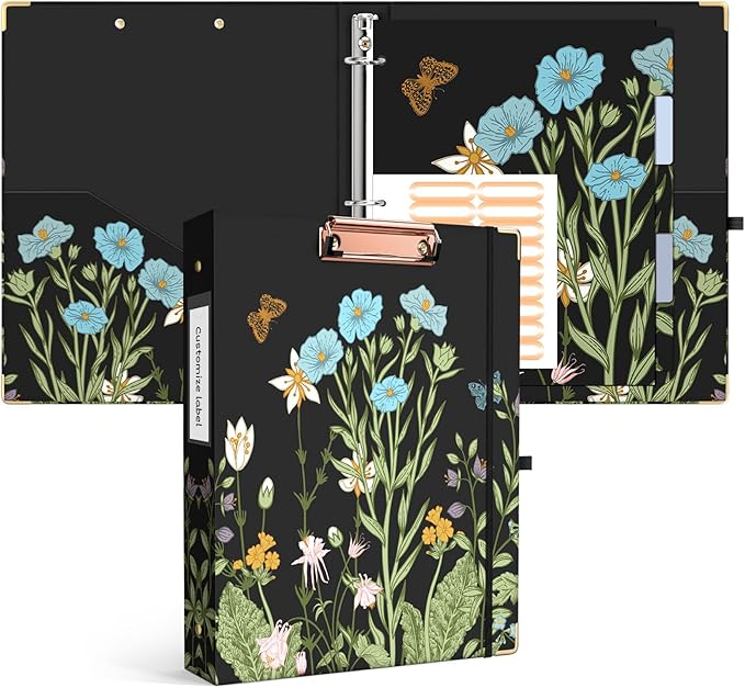 Ospelelf Binder 3 Ring 1 Inch, Floral Round Ring Clipboard Binder by OspelelfOfficeSupplies