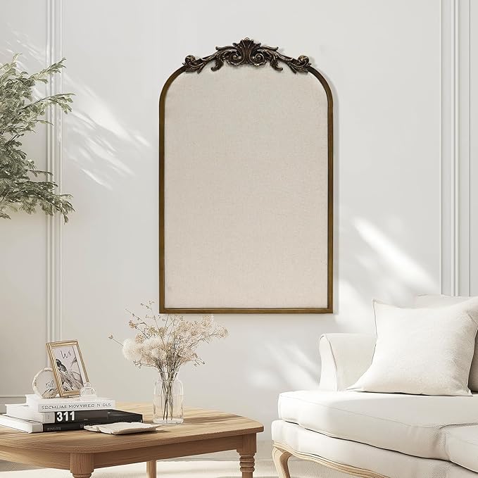 Arch Fabric Pinboard, Antique Gold Bulletin Boards 19"x31", Vintage Cork Board with Ornate Iron Frame for Wall Unique Display, Organization and Decor Options-DeskLoop Office