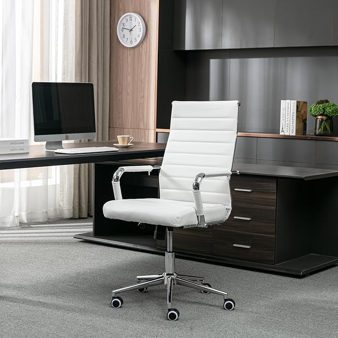 Home Office Chair Ribbed, Modern Leather Conference Room Chairs, Ergonomic Office Desk Chair, High Back Executive Computer Chair, Adjustable Swivel Chair with Arms (White)-DeskLoop Office