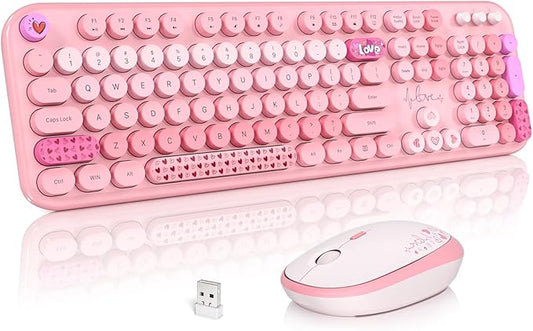 Wireless Keyboard and Mouse, Typewriter Full Size Keyboard with Number Pad and 2 in 1 USB Connected Mouse for Windows 7/8/10, Laptop, Desktop, PC, Computer (Pink Colorful)-DeskLoop Office
