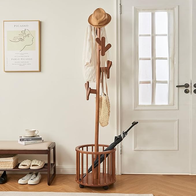 Uniclinens Solid Wood Coat Rack Freestanding with Umbrella Holder, Tree Coat Rack Stand with Lockable Universal Casters & 12 Hooks for Entryway Bedroom, Walnut-DeskLoop Office