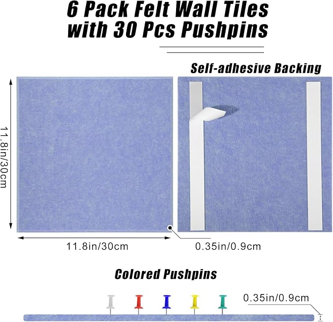 Large Cork Board 36" x 24", 6 Pack Felt Wall Tiles - Image 3