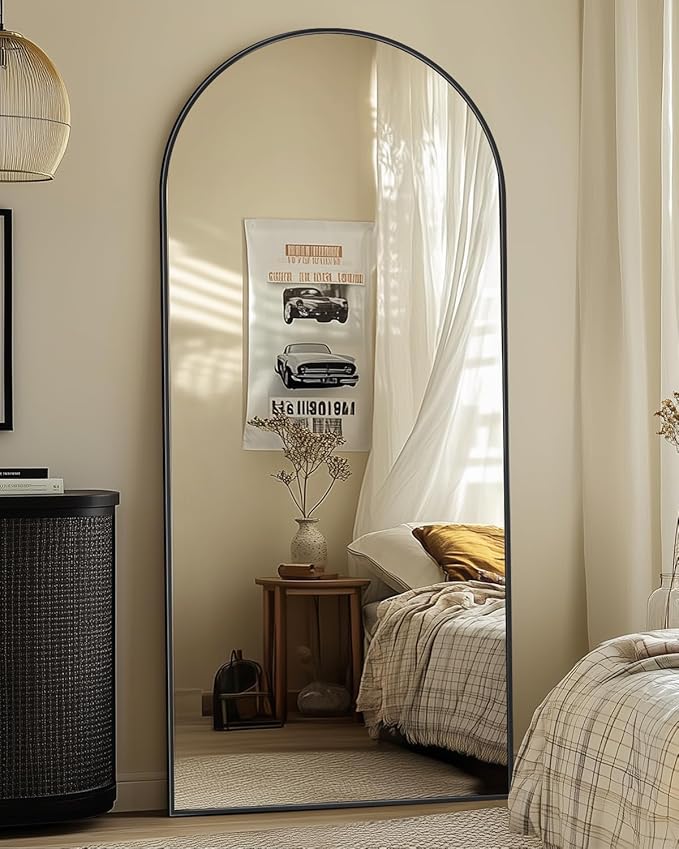 Full-Length Floor Mirror with Stand, 58"x21" Arched Style Full Body Standing Mirror for Bedroom, Living Room, Gym, Dorm - Shatter-Resistant & Easy Assembly, Black-DeskLoop Office